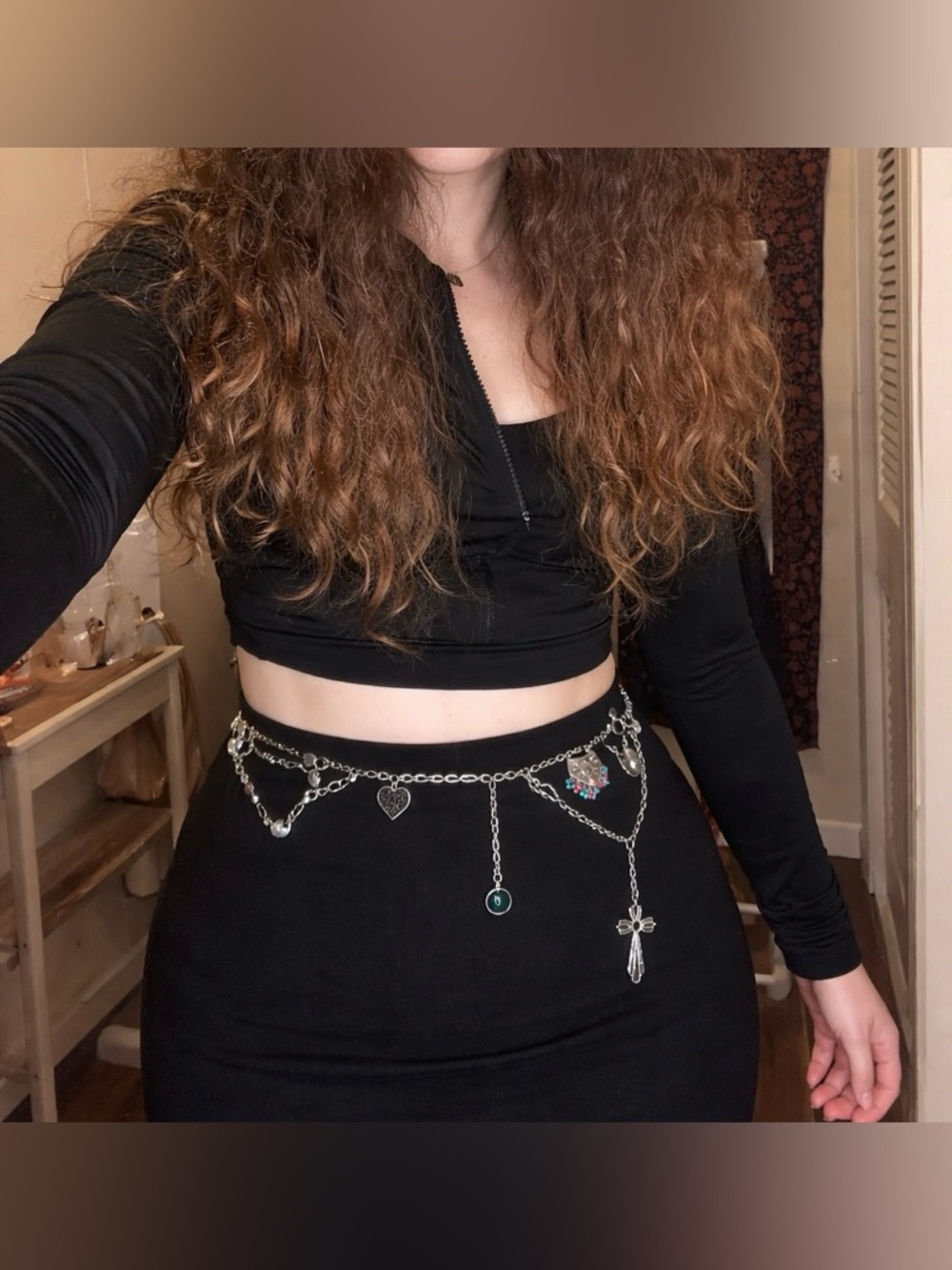 #101. Handmade Up Cycled Y2K Silver Charm Chain Belt with Cross & Heart Charms